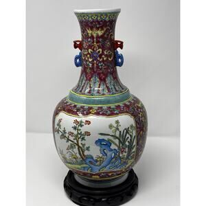 14” Chinese Famille Rose Vase Qianlong Style Mark Burgundy Landscape Antique